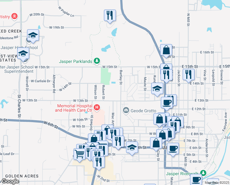 map of restaurants, bars, coffee shops, grocery stores, and more near 616 West 13th Street in Jasper