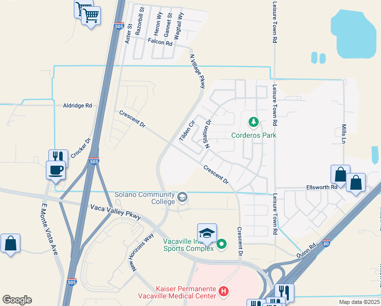 map of restaurants, bars, coffee shops, grocery stores, and more near 444 Tilden Circle in Vacaville