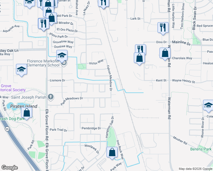 map of restaurants, bars, coffee shops, grocery stores, and more near 9932 Falcon Meadow Drive in Elk Grove