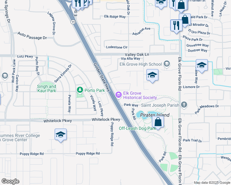 map of restaurants, bars, coffee shops, grocery stores, and more near 9941 East Stockton Boulevard in Elk Grove