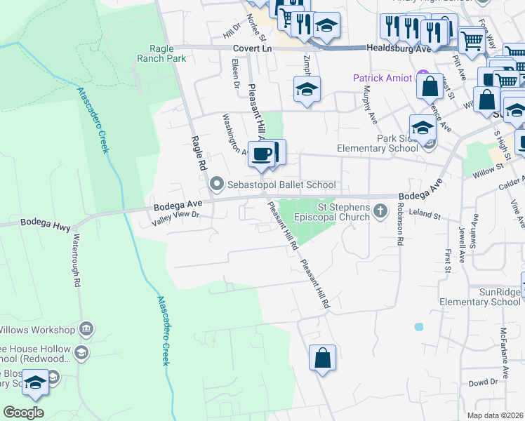map of restaurants, bars, coffee shops, grocery stores, and more near 160 Pleasant Hill Road in Sebastopol