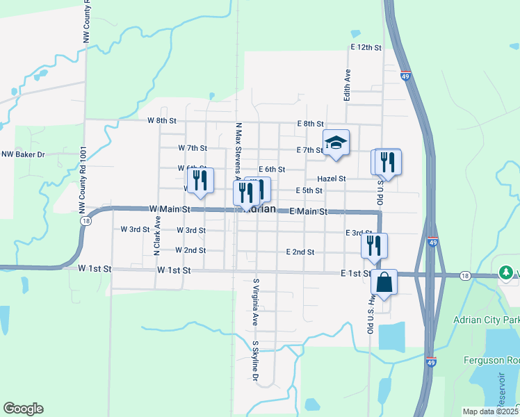 map of restaurants, bars, coffee shops, grocery stores, and more near in Adrian