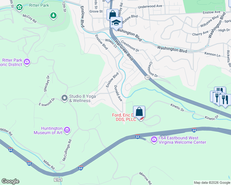 map of restaurants, bars, coffee shops, grocery stores, and more near 2106 Enslow Blvd in Huntington