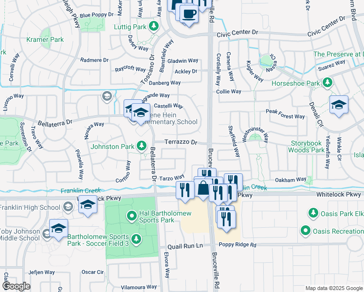 map of restaurants, bars, coffee shops, grocery stores, and more near 9862 Tarzo Way in Elk Grove