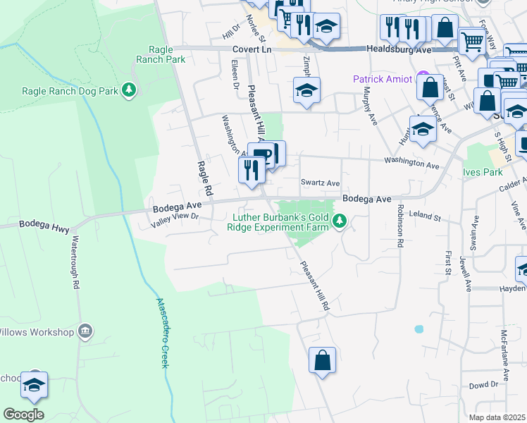 map of restaurants, bars, coffee shops, grocery stores, and more near 140 Pleasant Hill Road in Sebastopol