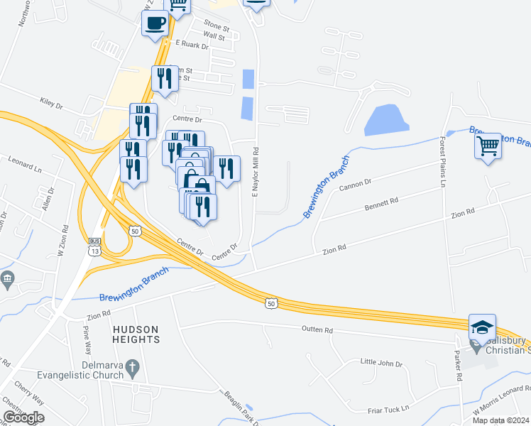 map of restaurants, bars, coffee shops, grocery stores, and more near 76 Overlook Drive in Salisbury