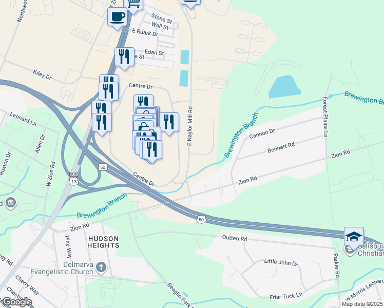 map of restaurants, bars, coffee shops, grocery stores, and more near 101 Overlook Drive in Salisbury