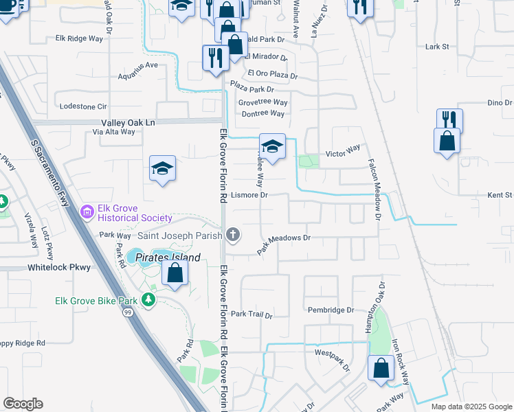 map of restaurants, bars, coffee shops, grocery stores, and more near 8937 Rosslare Court in Elk Grove