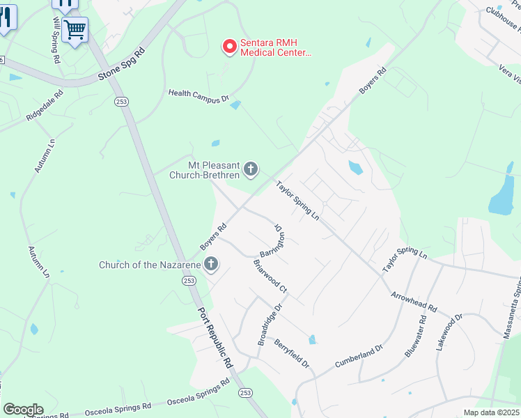 map of restaurants, bars, coffee shops, grocery stores, and more near 2860 Barrington Drive in Harrisonburg