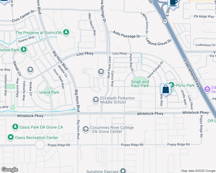 map of restaurants, bars, coffee shops, grocery stores, and more near Wolf Pack Lane in Elk Grove