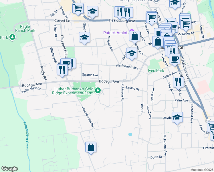 map of restaurants, bars, coffee shops, grocery stores, and more near in Sebastopol
