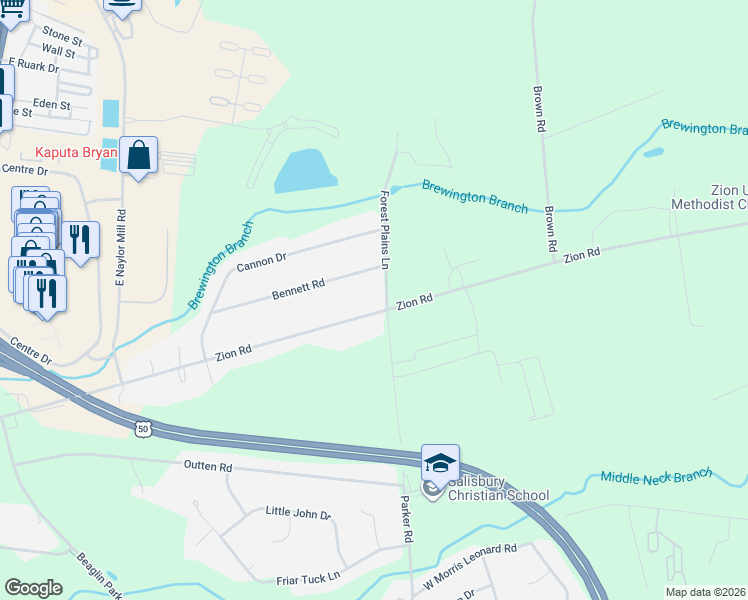 map of restaurants, bars, coffee shops, grocery stores, and more near 30575 Zion Road in Salisbury
