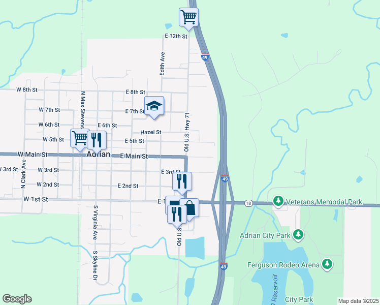 map of restaurants, bars, coffee shops, grocery stores, and more near 313 North Old Highway 71 in Adrian