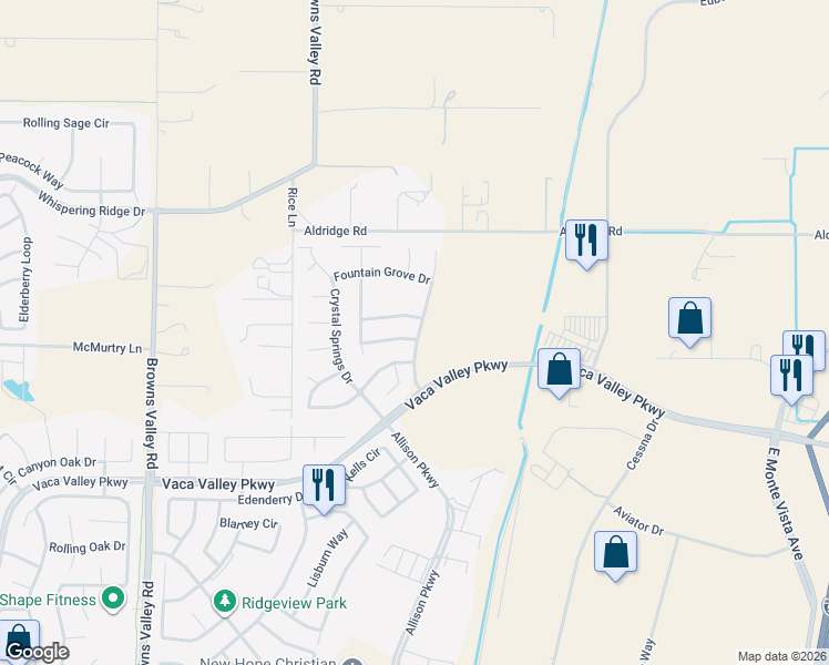 map of restaurants, bars, coffee shops, grocery stores, and more near 100 Diablo Creek Way in Vacaville