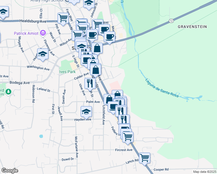 map of restaurants, bars, coffee shops, grocery stores, and more near in Sebastopol