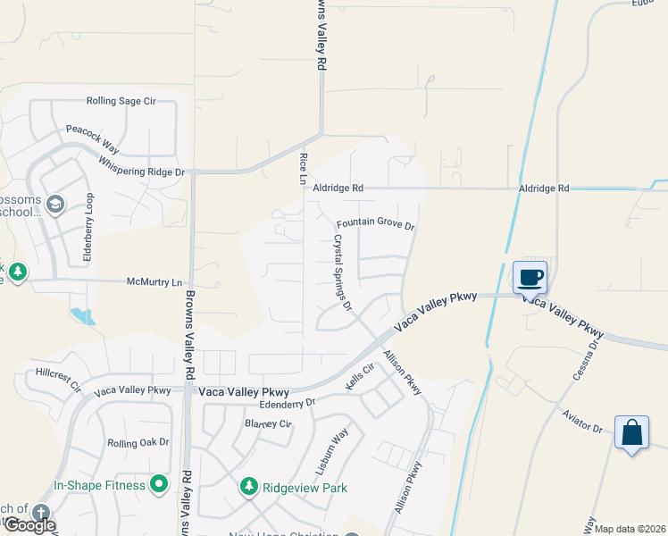 map of restaurants, bars, coffee shops, grocery stores, and more near 342 Lockeford Springs Court in Vacaville