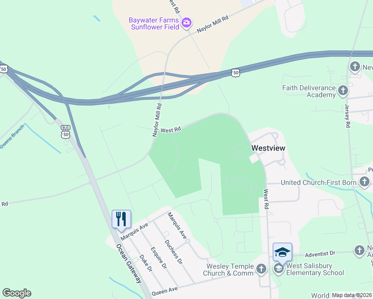 map of restaurants, bars, coffee shops, grocery stores, and more near 1703 West Road in Salisbury