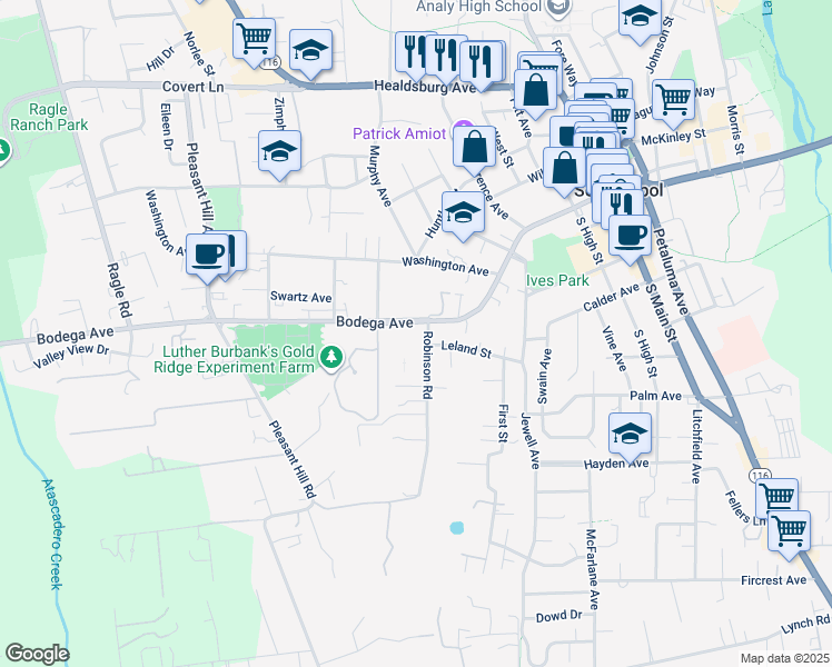 map of restaurants, bars, coffee shops, grocery stores, and more near 7760 Bodega Avenue in Sebastopol