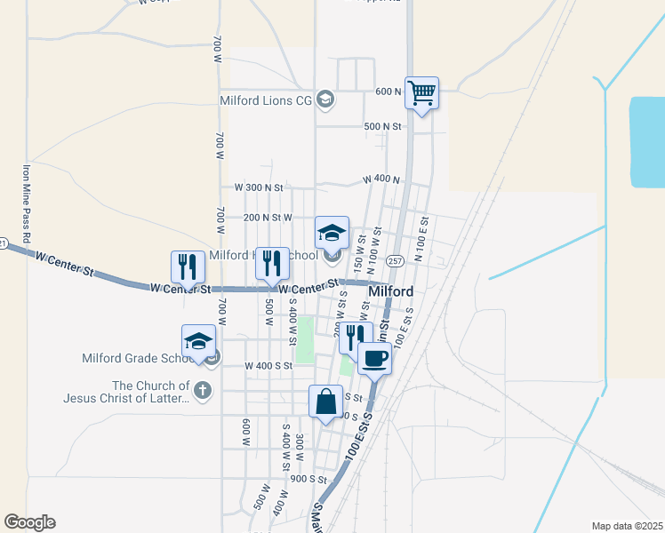 map of restaurants, bars, coffee shops, grocery stores, and more near 62 North 300 West Street in Milford