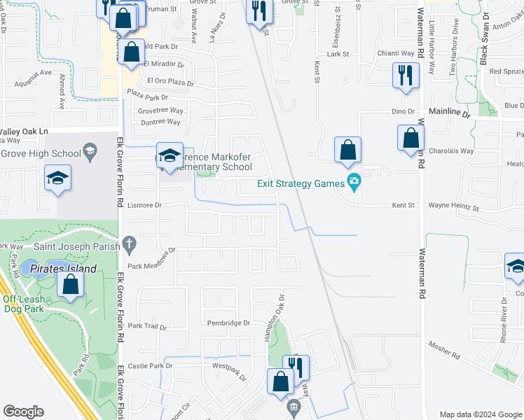 map of restaurants, bars, coffee shops, grocery stores, and more near 9073 Lismore Drive in Elk Grove