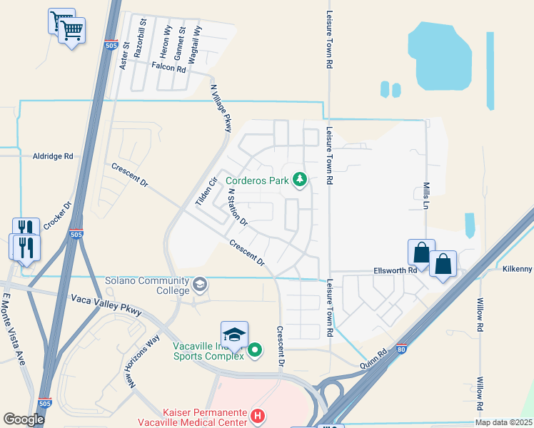 map of restaurants, bars, coffee shops, grocery stores, and more near 584 Del Mar Circle in Vacaville