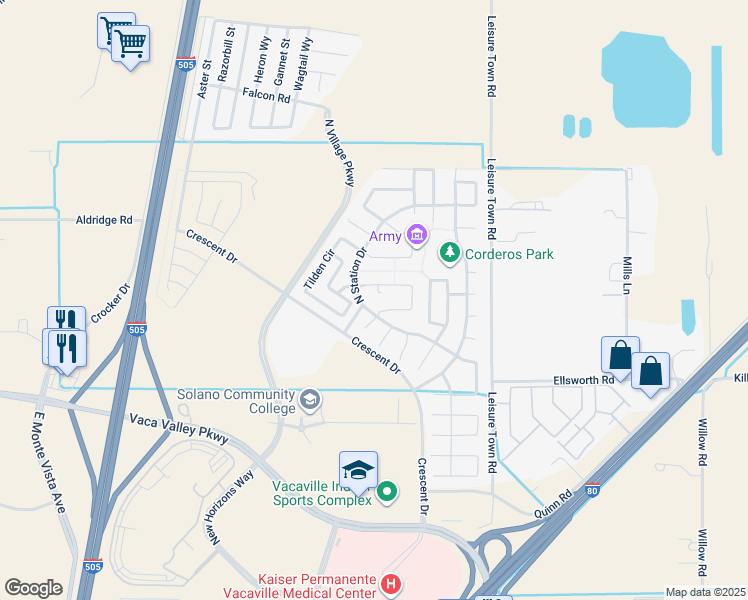 map of restaurants, bars, coffee shops, grocery stores, and more near 518 Del Mar Circle in Vacaville