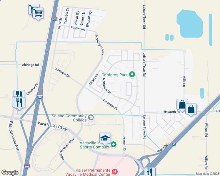 map of restaurants, bars, coffee shops, grocery stores, and more near 518 Del Mar Circle in Vacaville