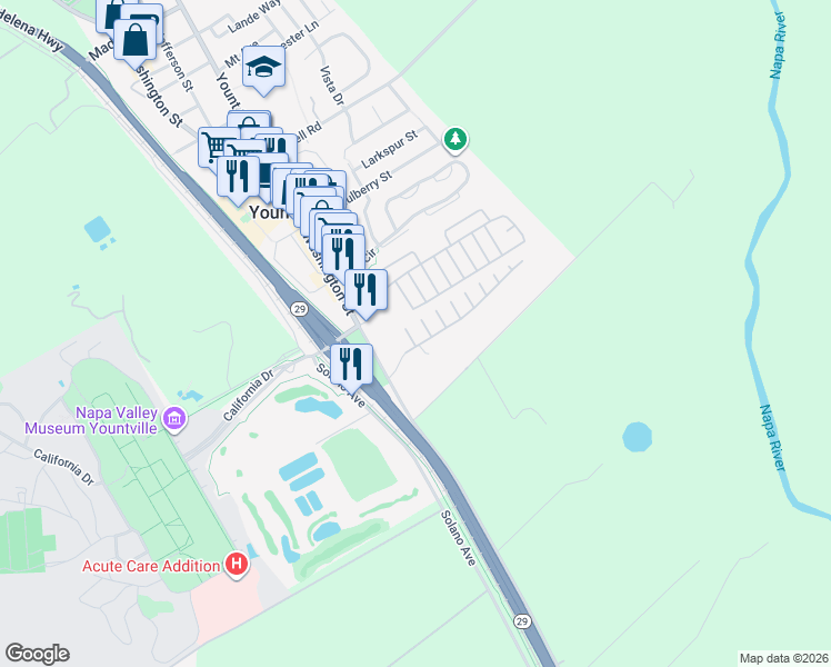 map of restaurants, bars, coffee shops, grocery stores, and more near 11 San Antonio Street in Yountville