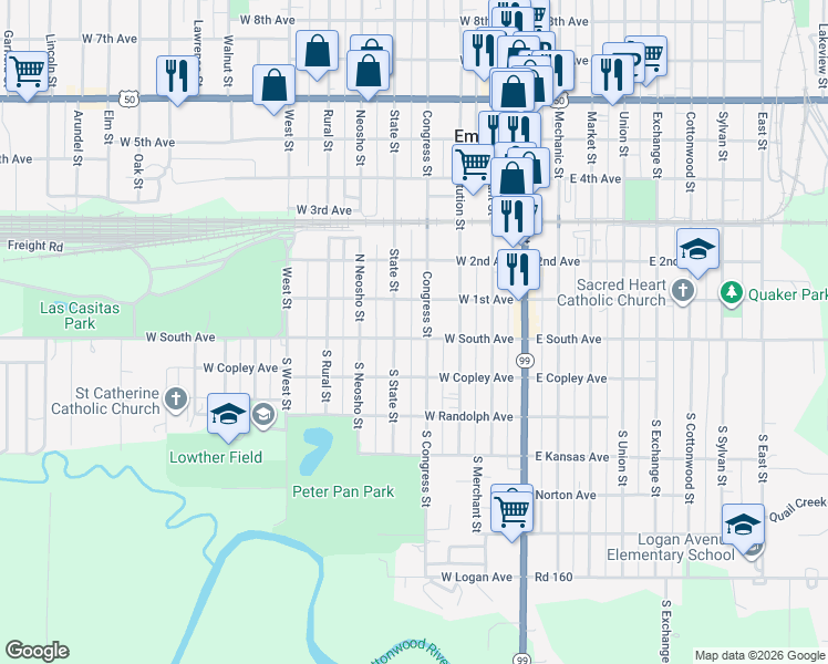 map of restaurants, bars, coffee shops, grocery stores, and more near 17 Congress Street in Emporia