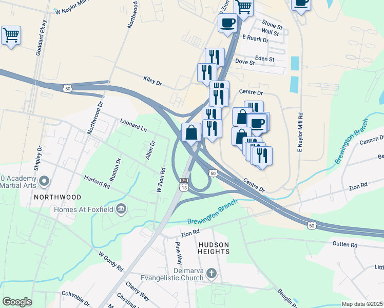 map of restaurants, bars, coffee shops, grocery stores, and more near 2308 North Salisbury Boulevard in Salisbury