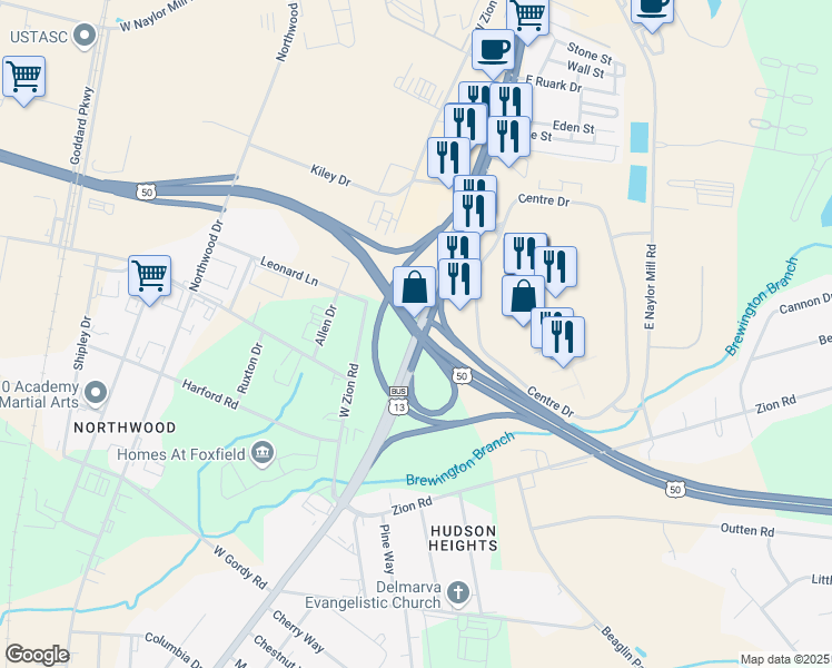 map of restaurants, bars, coffee shops, grocery stores, and more near 2308 North Salisbury Boulevard in Salisbury
