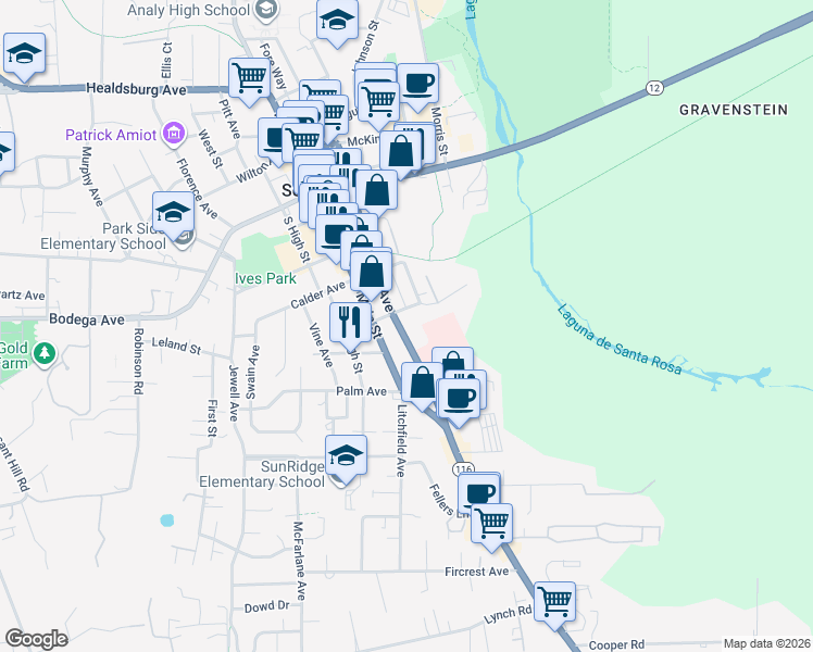 map of restaurants, bars, coffee shops, grocery stores, and more near 6855 Walker Avenue in Sebastopol