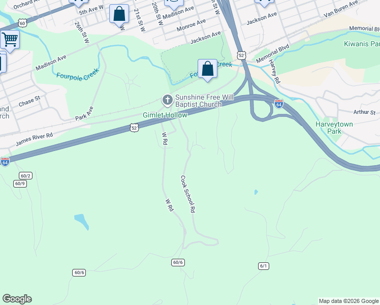 map of restaurants, bars, coffee shops, grocery stores, and more near 1665 Cook School Road in Huntington