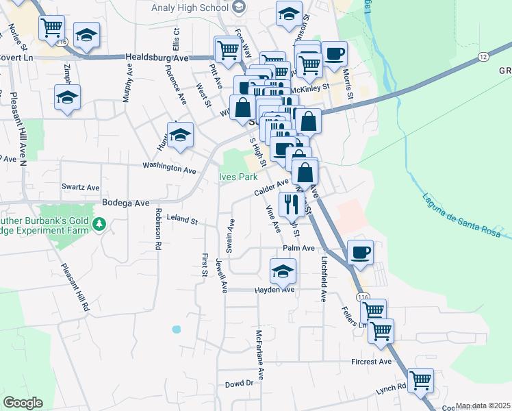 map of restaurants, bars, coffee shops, grocery stores, and more near 401 Vine Avenue in Sebastopol