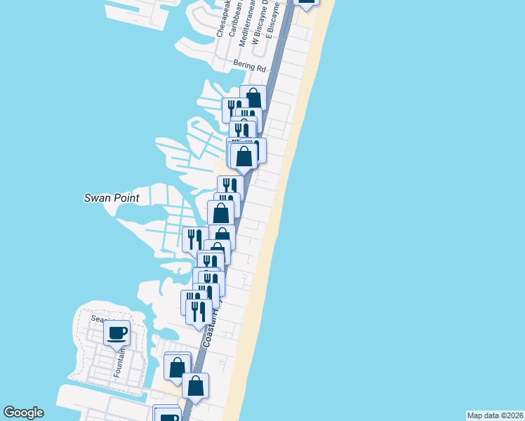map of restaurants, bars, coffee shops, grocery stores, and more near 7901 Atlantic Avenue in Ocean City