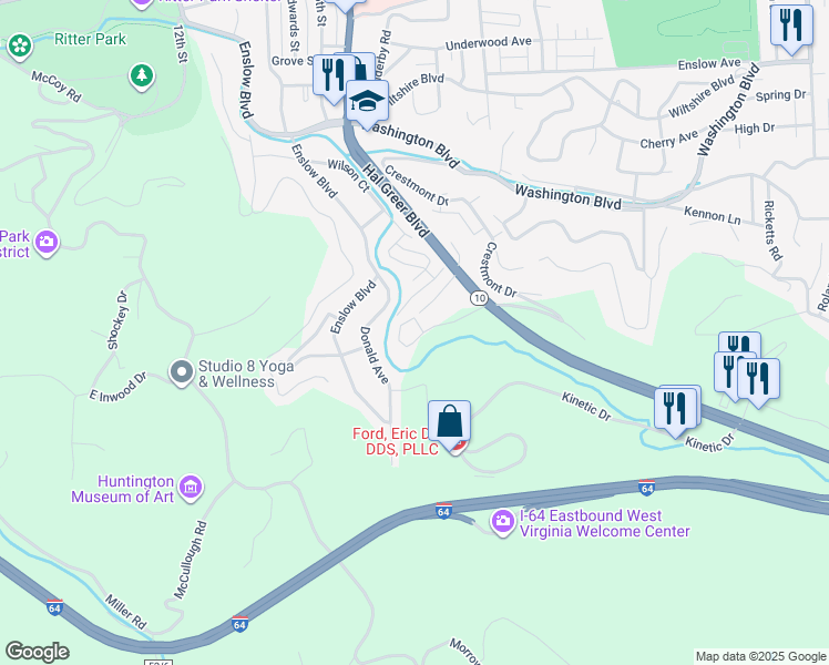 map of restaurants, bars, coffee shops, grocery stores, and more near 1957 16th Street Road in Huntington
