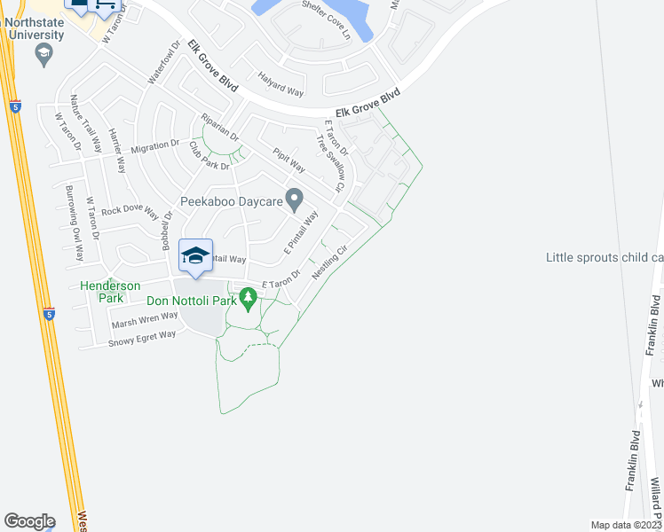 map of restaurants, bars, coffee shops, grocery stores, and more near 9905 Nestling Circle in Elk Grove