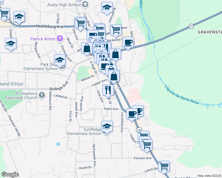 map of restaurants, bars, coffee shops, grocery stores, and more near 451 South High Street in Sebastopol