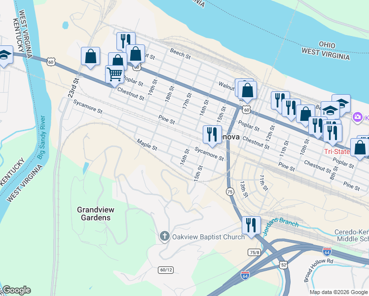 map of restaurants, bars, coffee shops, grocery stores, and more near 1620 Sycamore St in Kenova