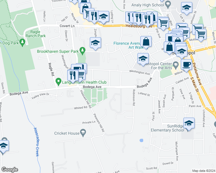 map of restaurants, bars, coffee shops, grocery stores, and more near 102 Virginia Avenue in Sebastopol