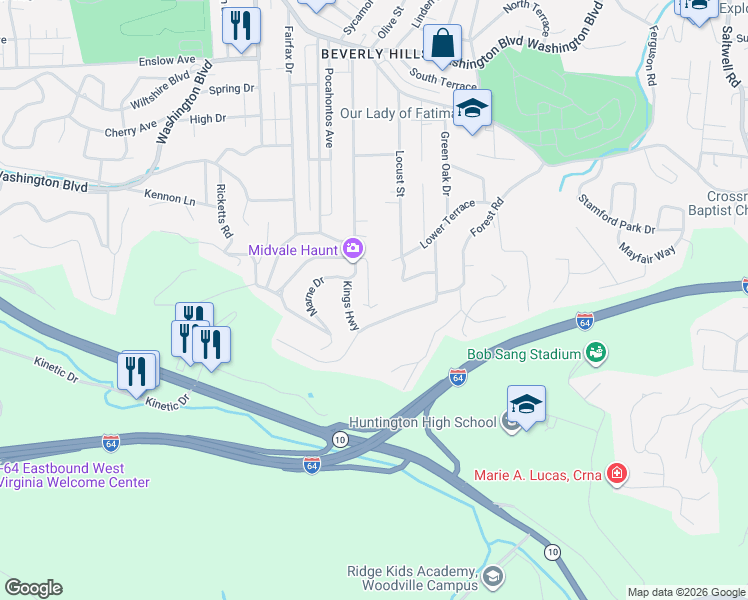 map of restaurants, bars, coffee shops, grocery stores, and more near 25 South Queens Court in Huntington