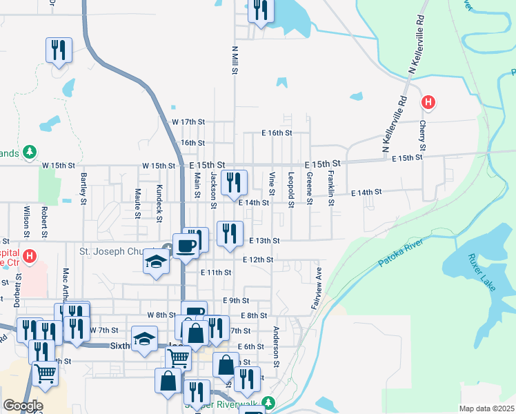 map of restaurants, bars, coffee shops, grocery stores, and more near 420 East 14th Street in Jasper