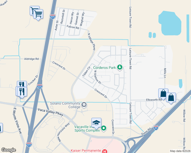 map of restaurants, bars, coffee shops, grocery stores, and more near Del Mar Cir & N Station Dr in Vacaville