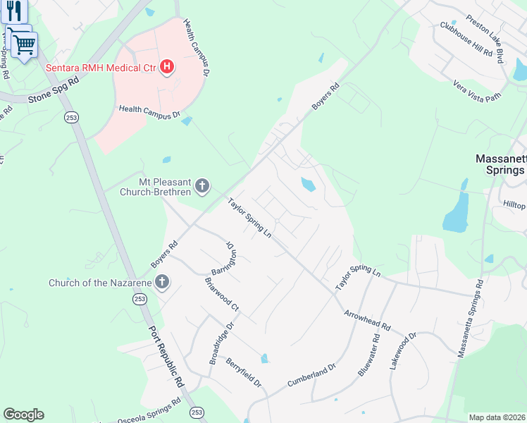 map of restaurants, bars, coffee shops, grocery stores, and more near 2948 Crystal Spring Lane in Harrisonburg