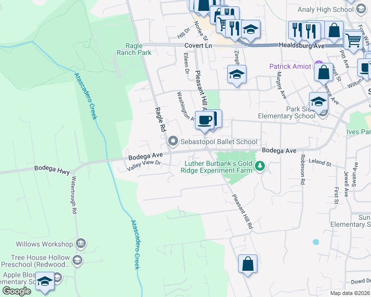 map of restaurants, bars, coffee shops, grocery stores, and more near 8086 Bodega Avenue in Sebastopol