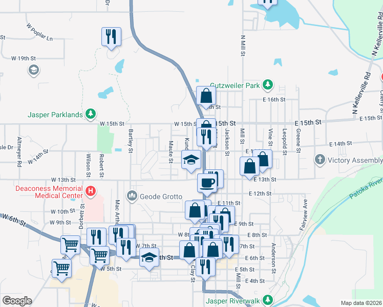 map of restaurants, bars, coffee shops, grocery stores, and more near 252-274 West 14th Street in Jasper