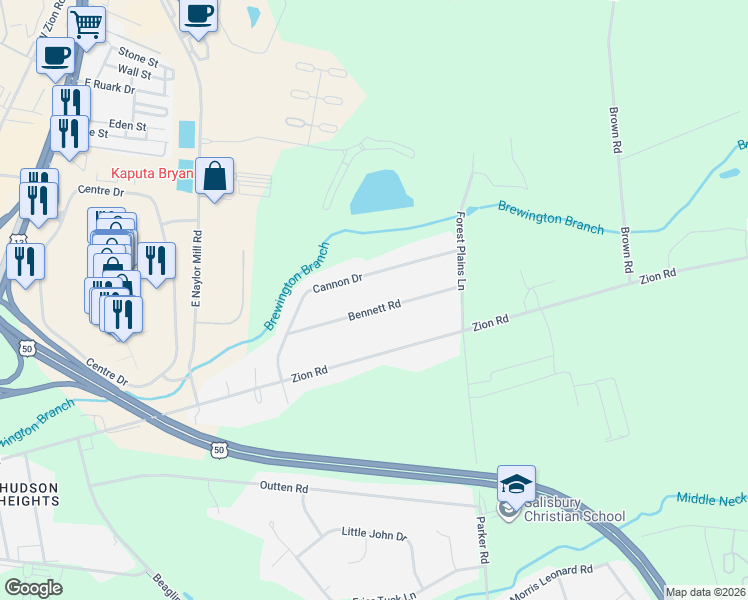 map of restaurants, bars, coffee shops, grocery stores, and more near 30500 Bennett Road in Salisbury