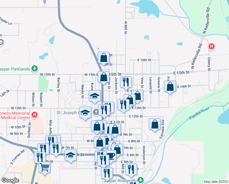 map of restaurants, bars, coffee shops, grocery stores, and more near 210 East 14th Street in Jasper