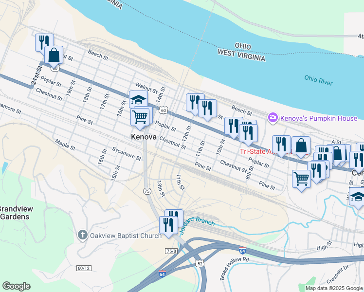 map of restaurants, bars, coffee shops, grocery stores, and more near 1199 Chestnut Street in Kenova