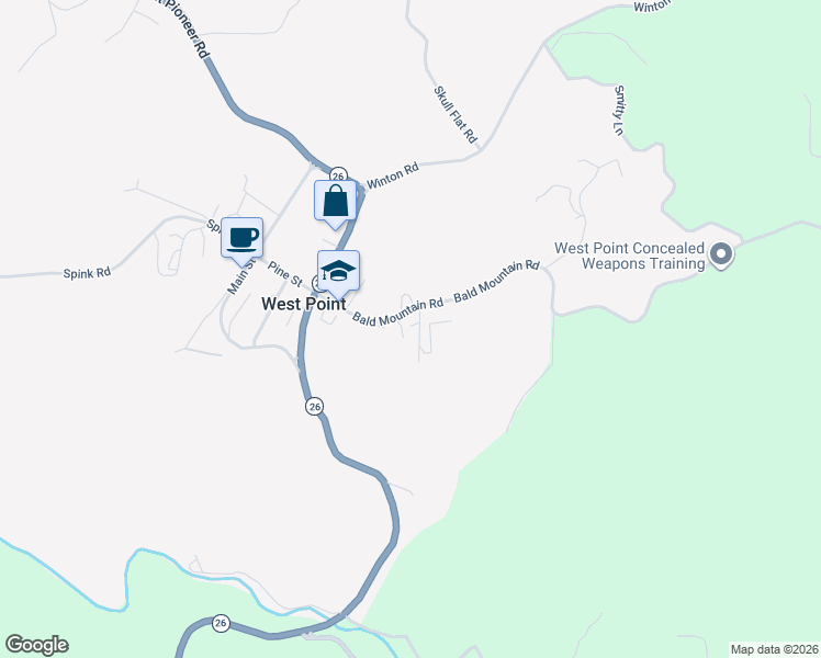 map of restaurants, bars, coffee shops, grocery stores, and more near 190 Bald Mountain Road in West Point